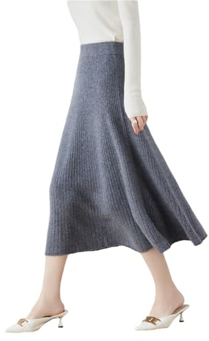 Ailaile Falda acampanada para mujer, para otoño e invierno, 100 % lana merino, falda larga de punto acanalado, cintura elástica, casual, cálida y suelta, Gris, M