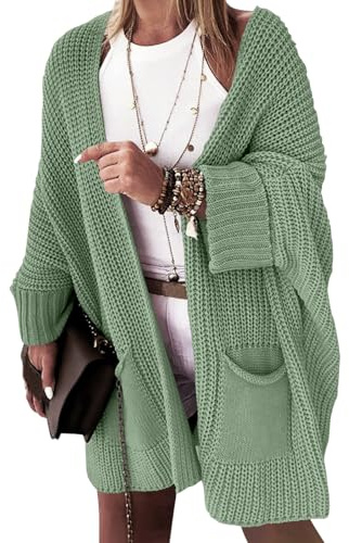 Oanviso Gilet Grosse Femme Long Cardigan Chaud En Tricot Veste Ouvert Épais Pull Crochet Ajouré Sweater Ouvert Sur Le Devant Manches Longues Manteau Hiver Elegant Vert Clair M