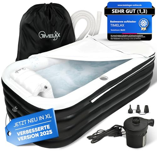 TIMELAX® Badewanne Aufblasbar XL [Ergonomische Rückenlehne] 0,5mm starkes PVC | BPA Frei Aufblasbare Faltbare Mobile Freistehende Badewanne für Erwachsene und Dusche