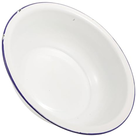 IWOWHERO Waschschüssel Emaille 32cm Vintage Emaille Waschbecken Weiß mit Blauem Rand Vielseitig für Fußbad Leicht zu Reinigen für Zuhause und Fußpflege