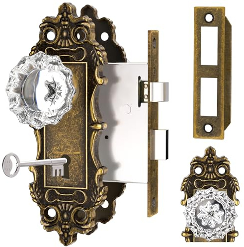 CEYMIO Mortise Lock Crystal Glass Door Knobs Interior, Antique Brass Bronze