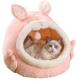 Galatée Katzenbett, Katzenhöhlenbett Aus Plüschstoff, Flauschiges Katzenzeltbett Mit Abnehmbarem, Waschbarem Kissen, Süße Katzenbetten Für Hauskatzen(S, Rosa)