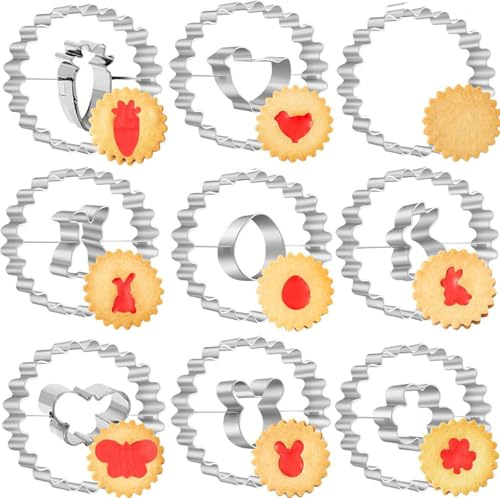 9 Stück Linzer Ausstecher Ostern, Oster Ausstechform Hasen Osterei Ei Plätzchen Linzer Keksausstecher Edelstahl Ausstechformen für Party Backen DIY (round)
