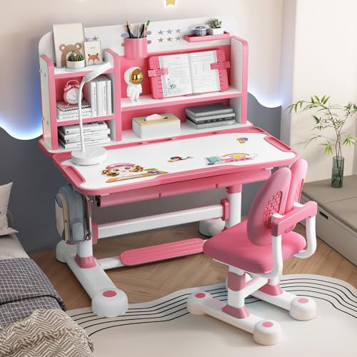 Kinderschreibtisch und Stuhlset, höhenverstellbarer Studie Kinderschreibtisch, verbreiterter Tischplatte, goldenes Distanzdesign zur Vorbeugung von Kurzsichtigkeit, für Jungs & Mädchen (Rosa-C2)