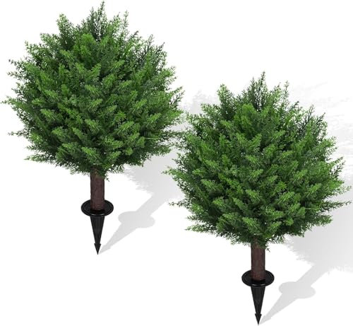 Artificial Set of 2 Cedar Topiary Ball Trees 22 for Outdoors with Ground Spike, UV Resistant Faux Cypress Plants into Anywhere, Evergreen Shrubs Bushes for Room Front Porch Garden Backyard Decor