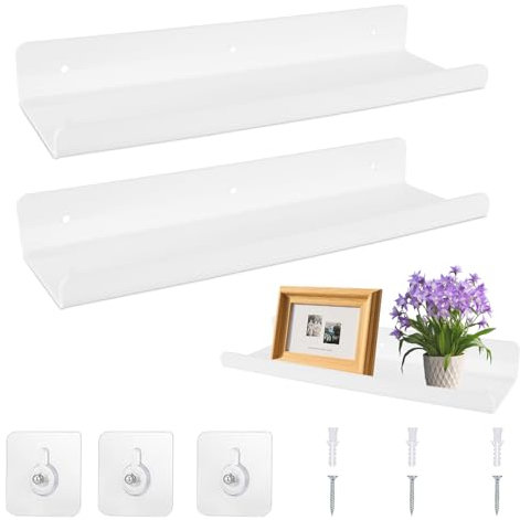 IETWATE 2 estanterías de pared para baño, sin taladrar, 30 cm, estantes flotantes acrílicos, autoadhesivos, para decoración de paredes y para salón, dormitorio, cocina, comedor (blanco)