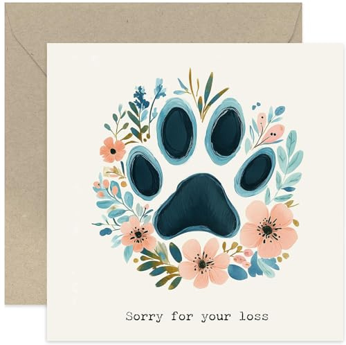 Premium Trauerkarte für Haustierbesitzer – Verlust von Hund oder Katze, Beileid, Thinking of You at a Hard Time, Sorry – Botanisches Blumenpfotenabdruck-Kunstwerk – einfaches, minimalistisches