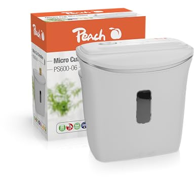 Peach Mikroschnitt Aktenvernichter - 4 Blatt - 12 Liter/130 A4 - nur 2x14mm Partikelgrösse (P-5) - A4 ca. 2200 Partikel - DSGV konform - leise nur 65 dB(A) - PS600-06A