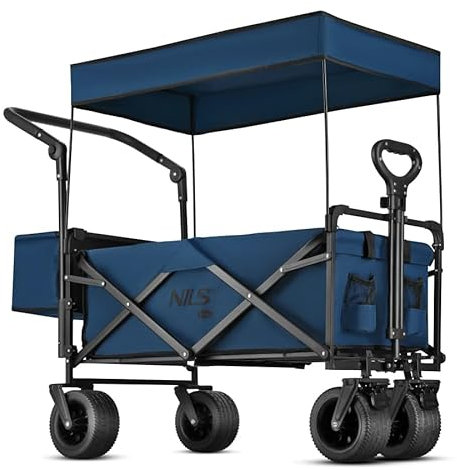 Klappbarer Bollerwagen mit Dach – 120L Volumen, bis zu 120 kg belastbar, faltbar & mobil, robuster Stahlrahmen, große Luftreifen – Ideal für Camping, Garten & Einkaufen (Blau)