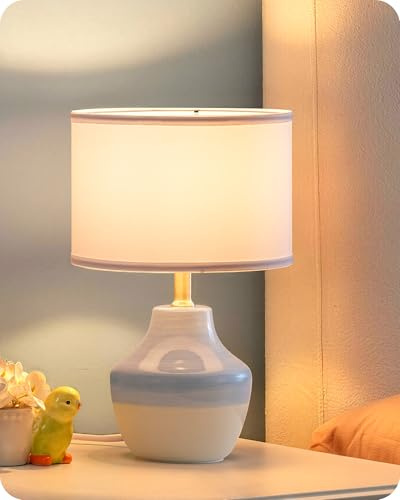 EDISHINE 11.8 Ceramic Table Lamp, Light Blue & Cream Base, Modern Bedside Table Lamp with TC Fabric Shade, Bedside Lamp for Bedroom, Living Room, E14 2700K LED Bulb Included, On-Off Line Switch