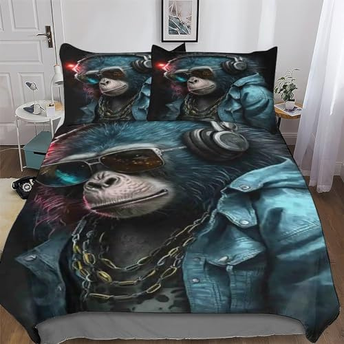 Bedding Set Copripiumino Stampato Monkey DJ, Per Adulti E Adolescenti, Copripiumone Morbido E Di Lusso, Per La Stanza, 2 Pezzi Biancheria Da Letto, Single(135x200cm)