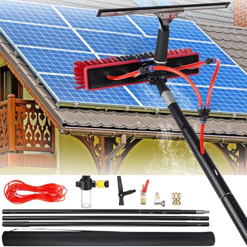 YFSMBD 14 Meter Teleskop Waschbürste mit Wasseranschluss | mit Abzieher und Seifenspender | Reinigungsbürste ausziehbar aus Aluminium für PV Anlagen, Fenster, Wohnmobil UVM, 55cm Bürste