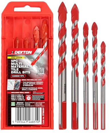 Dekton 5-Piece Multi-Material Tile Drill Bit Set for Ceramic, Porcelain, Glass, Marble, Granite, Wood, Brick & Concrete –5mm, 6mm, 8mm, 10mm Drill Bits