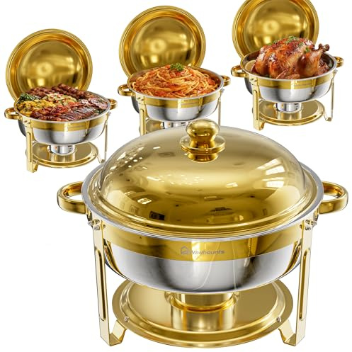 WARMOUNTS Chafing Dish 4er Set 6L Gold, Speisenwärmer Buffet Rund Edelstahl mit Deckelhalter, Warmhaltebehälter Stapelbar Catering Rechaud für Gastronomie, Partys & Hochzeiten