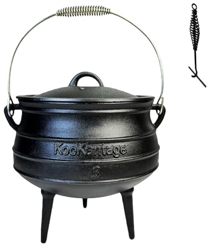 8-Quart Pre-Seasoned Cast Iron Cauldron - African Potjie Pot with Lid - 3-Legged Pot for Even Heat Distribution - Outdoor Cast Iron Dutch Oven Cookware for Campfire Cooking and Boiling