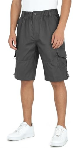 LY4U Men's Summer Cargo Shorts, 100% Cotton, Loose Fit, Elastic Waist with Belt Loops, Multi-Pockets, Lightweight & Breathable Shorts for Outdoor Hiking, Fishing, Camping, Casual Wear