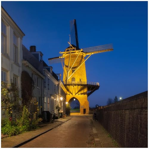 Wallario Glasbild Windmühle bei Nacht - 30 x 30 cm Wandbilder Glas in Premium-Qualität: Brillante Farben, freischwebende Optik