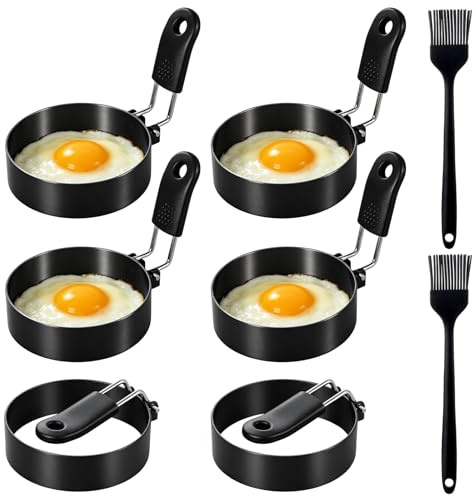 Aramanara 6 Pcs Stainless Steel Egg Rings for Frying, 7.5 cm Round Fried Egg Mold, Non Stick Egg Ring Molds, Egg Cooking Ring with Anti-scald Handle and Oil Brush for Kitchen Breakfast Egg Sandwiches