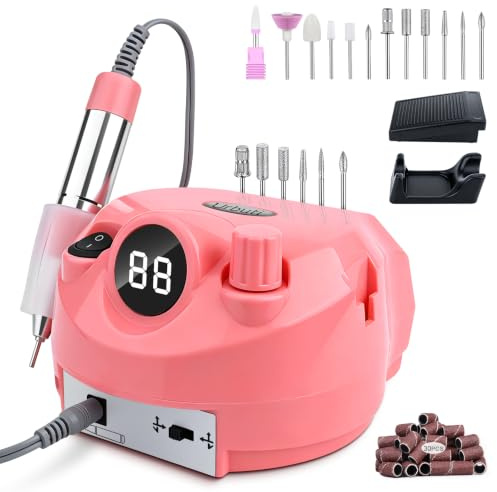 Ponceuse pour Ongles Professionnel 45000RPM avec Pédale,Kit 42 Accessoires | faible bruit, poignée alu anti-surchauffe, rotation réversible,kit 12 fraises + 30 embouts ponçage, soin pro maison.