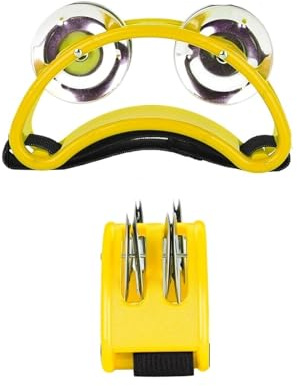 Tambor de campana de pie de doble fila, Instrumento de percusión pandereta pie con platillo doble fila en multicolor(Yellow)