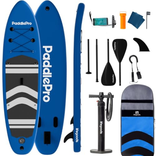 LifeGoods SUP Board Set - Aufblasbare Stand Up Paddling Board - Komplettes Set inklusive Zubehör und Verstellbares Padel - Geeignet für Anfänger und Fortgeschrittene - Bis 150KG - 320x81cm