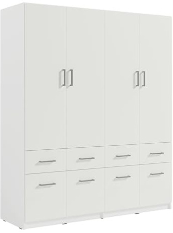 Masseno Schwebetürenschrank VARO 270/205/60 cm Kleiderschrank mit Schubladen Schlafzimmer Schiebetürenschrank 3-türig mit Spiegel Weiß + Satin