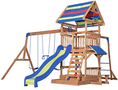Backyard Discovery Northbrook Parco Giochi, Casetta da Giardino per Bambini | Incl altalene/scivolo/sabbiera/tavolo da picnic | Casetta di legno con piano per uso esterno in giardino