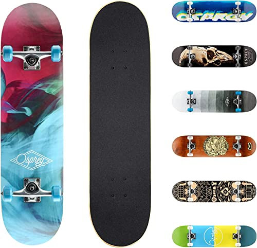 Osprey Komplettes Skateboard, 78,7 x 20,3 cm, Doppelkick Skateboard für Kinder und Erwachsene, konkaves Deck, inklusive Griptape, Deck und Rädern, Emulsion, Mehrfarbig