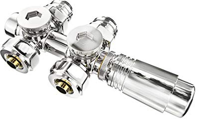 Heilmetz Multiblock Set für Heizkörper Anschlussarmatur mit Thermostat 50mm Ventil-Armaturen Heizungszubehör Eck- und Durchgangsform chrom Wandanschluß Anschlußgarnitur (16mm, 1 Stück)