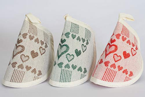 Set 2 presine a cappuccio Tessitura Nagler - Linea Cuori - Verde - Tessuto Jacquard Misto Cotone 50% e Lino 50% - 15 x 10 cm