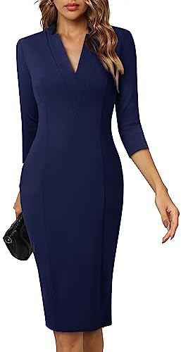 HOMEYEE Dam elegant V-ringad 3/4 ärm cocktail retro bodycon pennklänning business midi fodralklänning B760, Marinblå, L