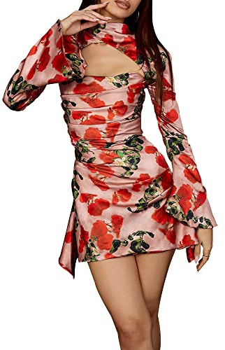 YUDATPG Traditional Chinese Cheongsam Women Sexy Club Mini Dress - Long Floral Flared Sleeves, Slim Fit Bodycon, Short Cocktail Evening (as8, Alpha, l, Regular, Regular, Red)