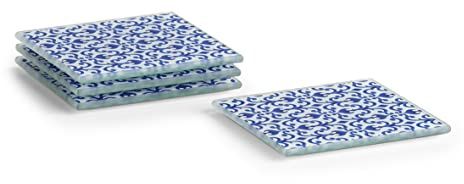 Zeller 26329 Glasuntersetzer-Set Marokko, 4-TLG, Glas, blau/weiß, ca. 10 x 10 cm