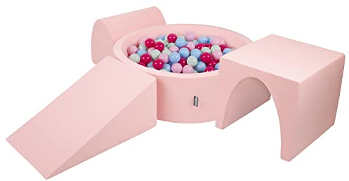 KiddyMoon Aire De Jeux en Mousse Avec Rond Piscine À Balles (200 Balles) Pour Enfants - Parcours Obstacles, Fabriqué en UE - Rose Poudré/Foncé/Babyblue/Menthe