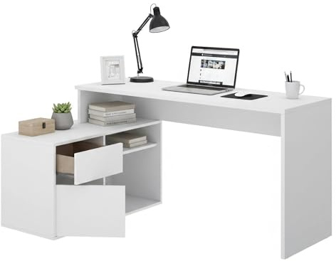 Dmora - Scrivania Gardena, Scrittoio multiposizione da ufficio o cameretta, Tavolo da studio angolare multiuso, 139x92h75 cm, Bianco