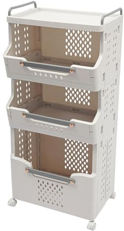 Tvättkorg på rullar, tvättkorg med 3 våningar, tvättvagnar, tvättbehållare för kläder och leksaker, 41,6 x 29,7 x 88,8 cm, max. Belastningsbar på 25 kg, vikbar tvättkorg, vit + grå