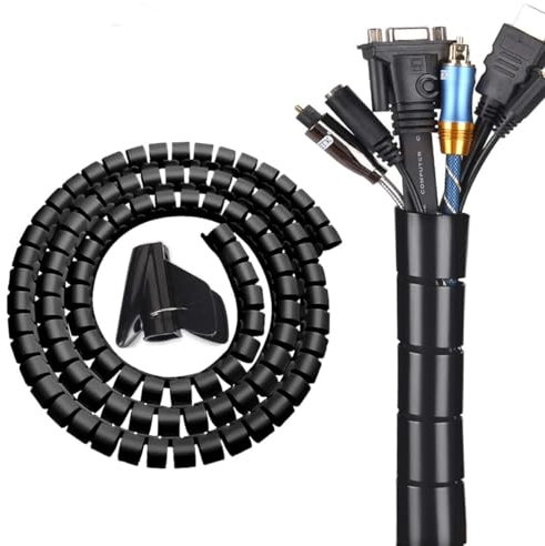 TECHZOCO Organizador De Cable En Espiral, Tubo Organizador de Cables, Protector en Espiral para Cables, Gestor de Cables en Espiral, con Capacidad de hasta 25mm de diámetro, Negro, 2 Metros