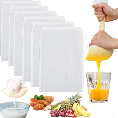 Nokwocy 6 Stück Nussmilchbeutel,20 × 30 cm Passiertuch Wiederverwendbar,Nylon Käsetuch Bio Waschbar Filterbeutel Mit Kordelzug,Nut Milk Bag für Käse Fruchtsaft Kaffee Gemüsesaft（300 Maschen pro Zoll）