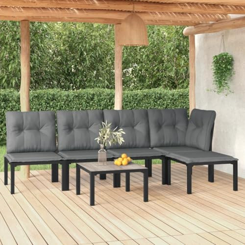 KTHLBRH 6-TLG. Garten-Lounge-Set Schwarz und Grau Poly Rattan Outdoor-Möbel-Sets Balkonmöbel-Sets Terrassenmöbel-Sets Gartenmöbel-Sets für Terrasse, Garten, Balkon