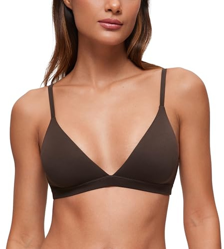 CRZ YOGA Softhold Double Lined Triangle Bralette - Womens Adjustable Straps Wireless Cami Plunge T-Shirt Everyday Bra Comfy Hot Fudge Brown Small