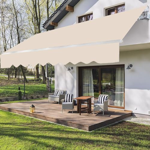 Randaco manuelle Gelenkarmmarkise Markise 350 x 300 cm Sonnenmarkise Sonnenschutz mit Kurbel für Garten, Anti-UV und wasserfest, Winkelinstellung(0-30°), Beige