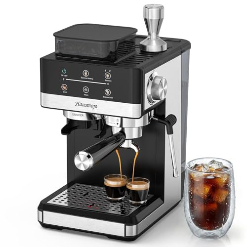 Hausmojo Espresso Machine with Grinder, 20Bar Expresso Coffee Machines with Milk Frother, Professional Compact Stainless Steel Coffee Maker for Espresso, Latte & Cappuccino, Perfect for Home Use