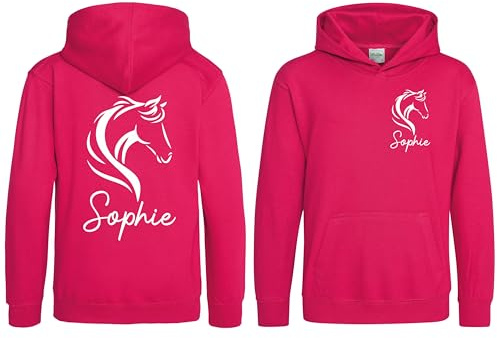 Girls Personalised Name Horse Riding Hoodie Pony Rider Club Sweatshirt Jacket (UK, Age, 9 Years, 11 Years, Regular, Hot Pink)