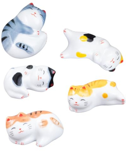 ARTSEWPLY 5 Pièces Repose Baguettes Céramique Japonaise Forme Chat Lot de Support Compact pour Baguettes Fourchettes et Couteaux Surface Lisse et Résistante Décoration pour Table et Maison