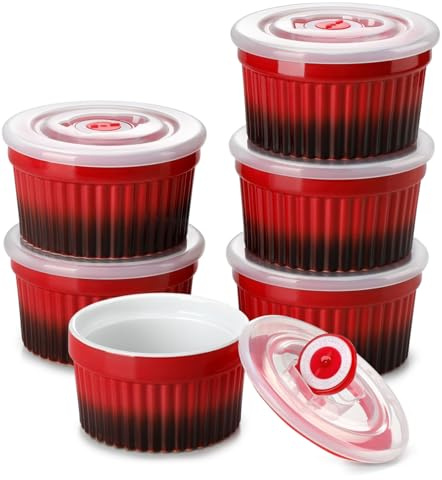 Vancasso RAMEKINS 200 ml Soufflé formar set med 6, Ø 9,5 cm, gräddvit, Brulee skålugn, säker, porslin soufflés med lock, små keramiska skålar, miniugnsformar för bakning, röd