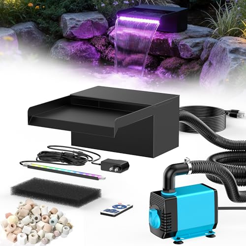 POPOSOAP Cascade pour bassin de 20 cm de large, en acier inoxydable, avec pompe de bassin de 2500 l/h, guirlande lumineuse LED à changement de couleur, jeu d'eau d'extérieur pour étang de jardin