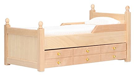OVAQUIXI 1:12 Miniatur-Puppenhaus, Einzelbett, Birkenmöbel, Elegantes Puppenhausbett mit Matratzen-Kissen-Schublade, Ideal für Puppenhaus