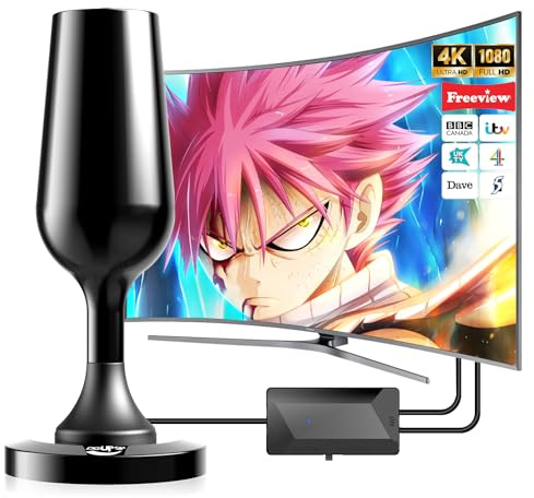 TV Aerial, Freeview Indoor Aerial TV with 560+ Miles Long Range & 360° Reception, Digital HDTV Antenna Indoor with Magnetic Base+Signal Booster, Support VHF/UHF/DAB Radio for Smart & Old TVs
