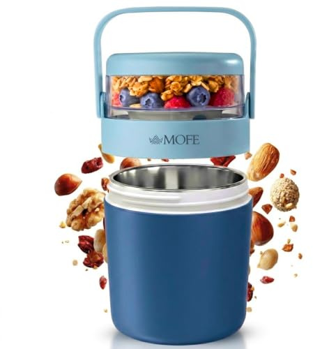 MOFE Müslibecher To Go mit Löffel 650ml | Joghurt Becher To Go Edelstahl | Auslaufsicher | Isolierte Edelstahlinnenwand | Müsli To Go Becher | für Kinder | Lunchbox