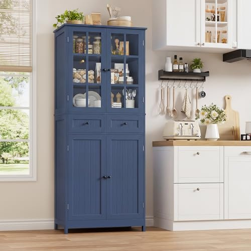 HOCSOK Credenza Cucina, 180 cm Alta Mobile Dispensa Cucina, 2 Ante in Vetro